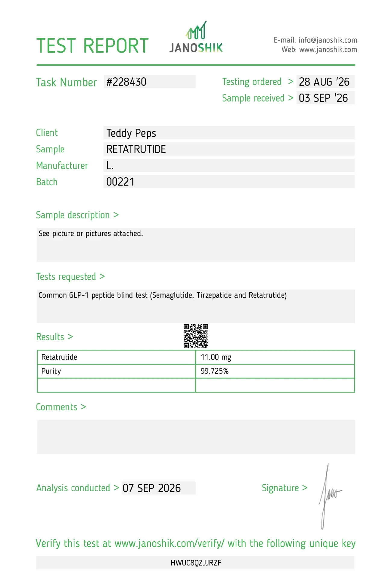 Janoshik Analytical Prüfbericht - Retatrutide Charge 00221, 11,00 mg und 99,725 % Reinheit